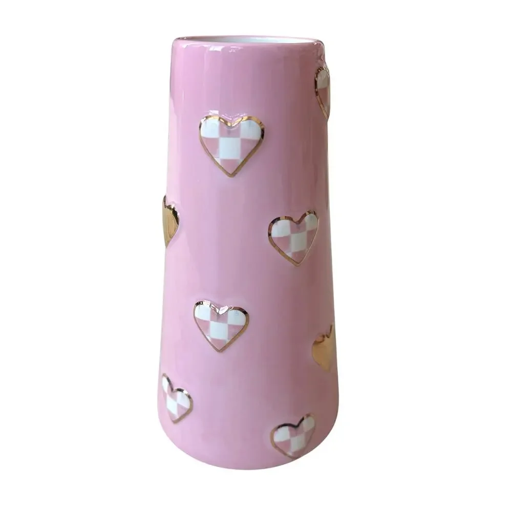 NEW Mackenzie-Childs Rosy Check Short Heart Vase In Original Box